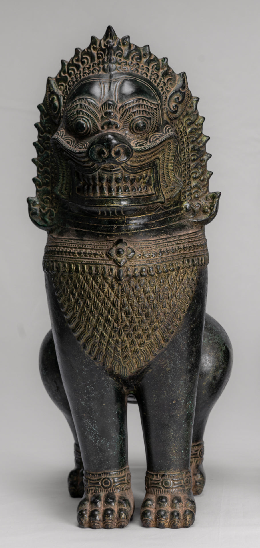 Temple Lions - Antique Khmer Style Bronze Standing Temple Guardians or Lions - 54cm/22" (Pair)