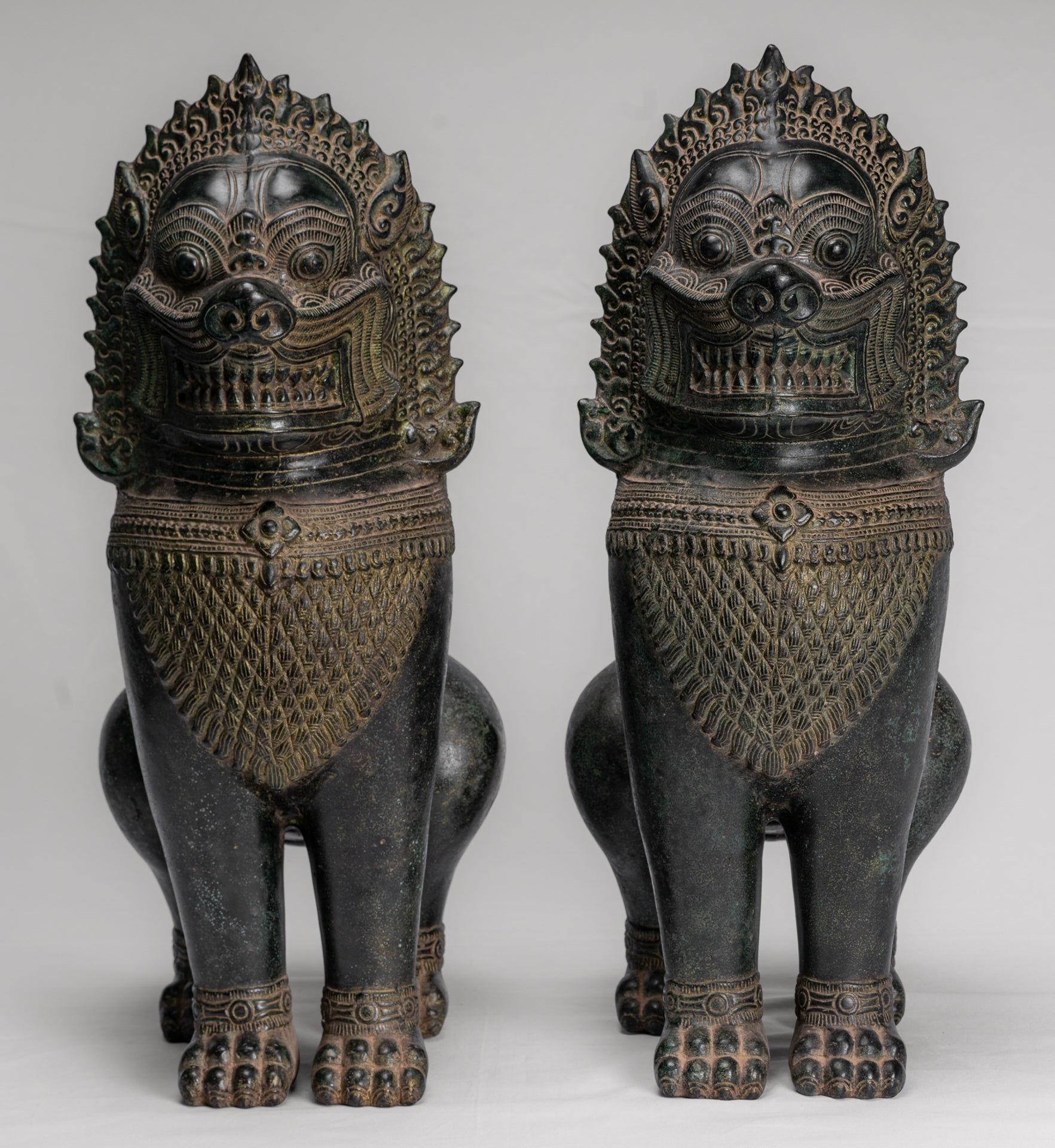 Temple Lions - Antique Khmer Style Bronze Standing Temple Guardians or Lions - 54cm/22" (Pair)