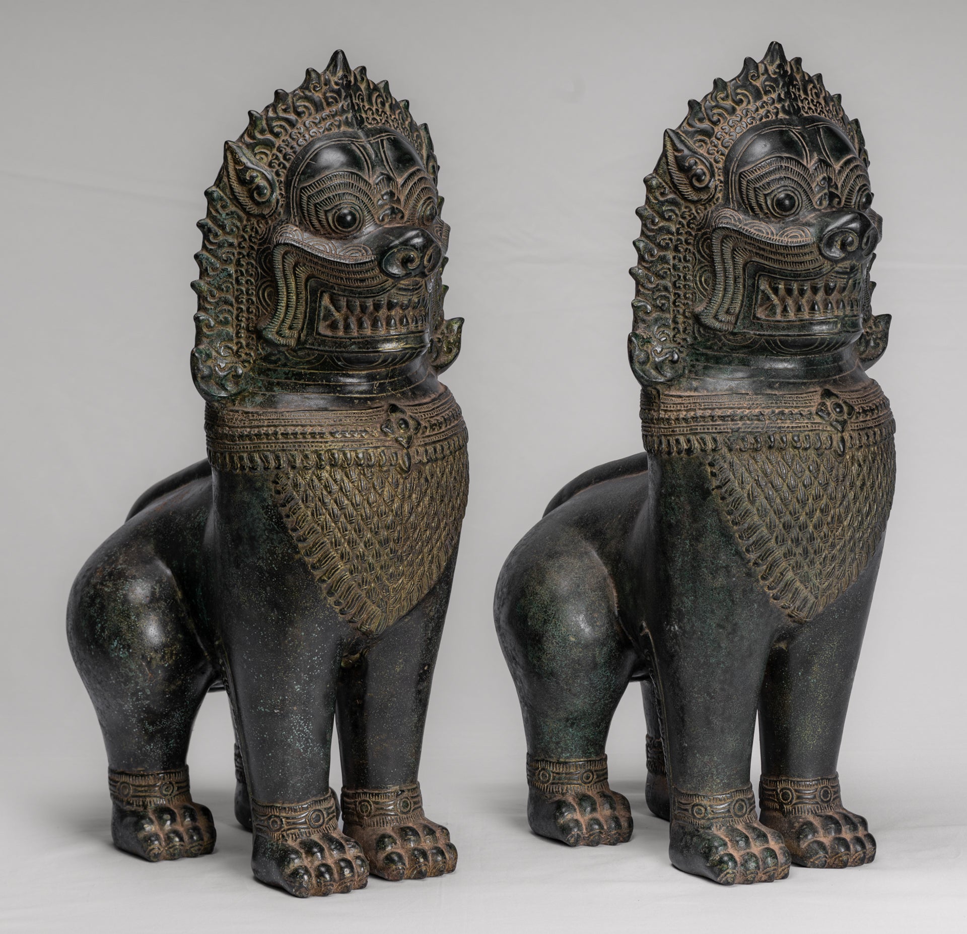 Temple Lions - Antique Khmer Style Bronze Standing Temple Guardians or Lions - 54cm/22" (Pair)