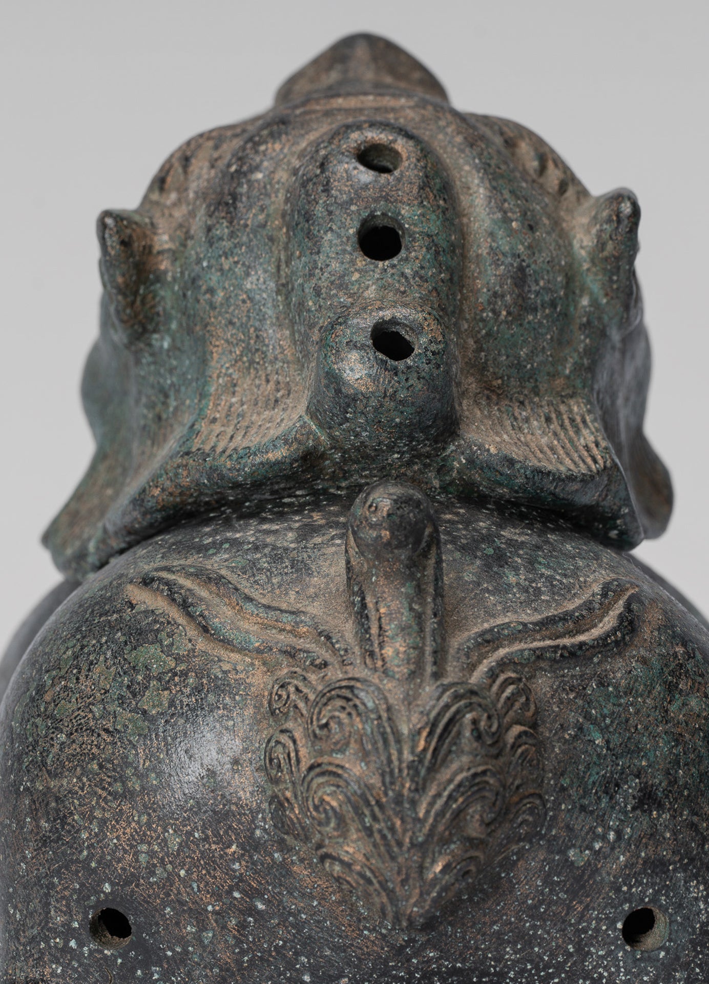 Antique Chinese Style Bronze Two Piece Dragon Censer or Incense Burner and Incense Stick Holder - 12cm/5" Tall