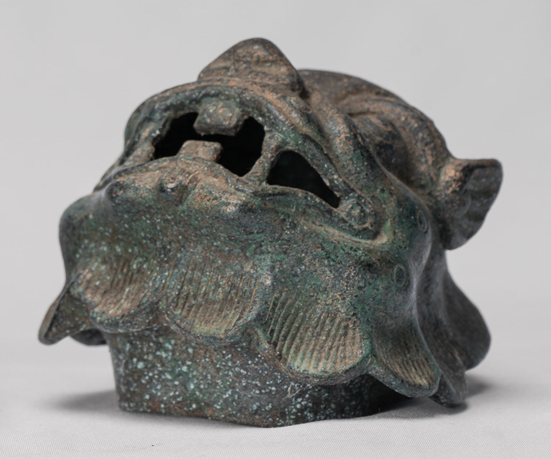 Antique Chinese Style Bronze Two Piece Dragon Censer or Incense Burner and Incense Stick Holder - 12cm/5" Tall