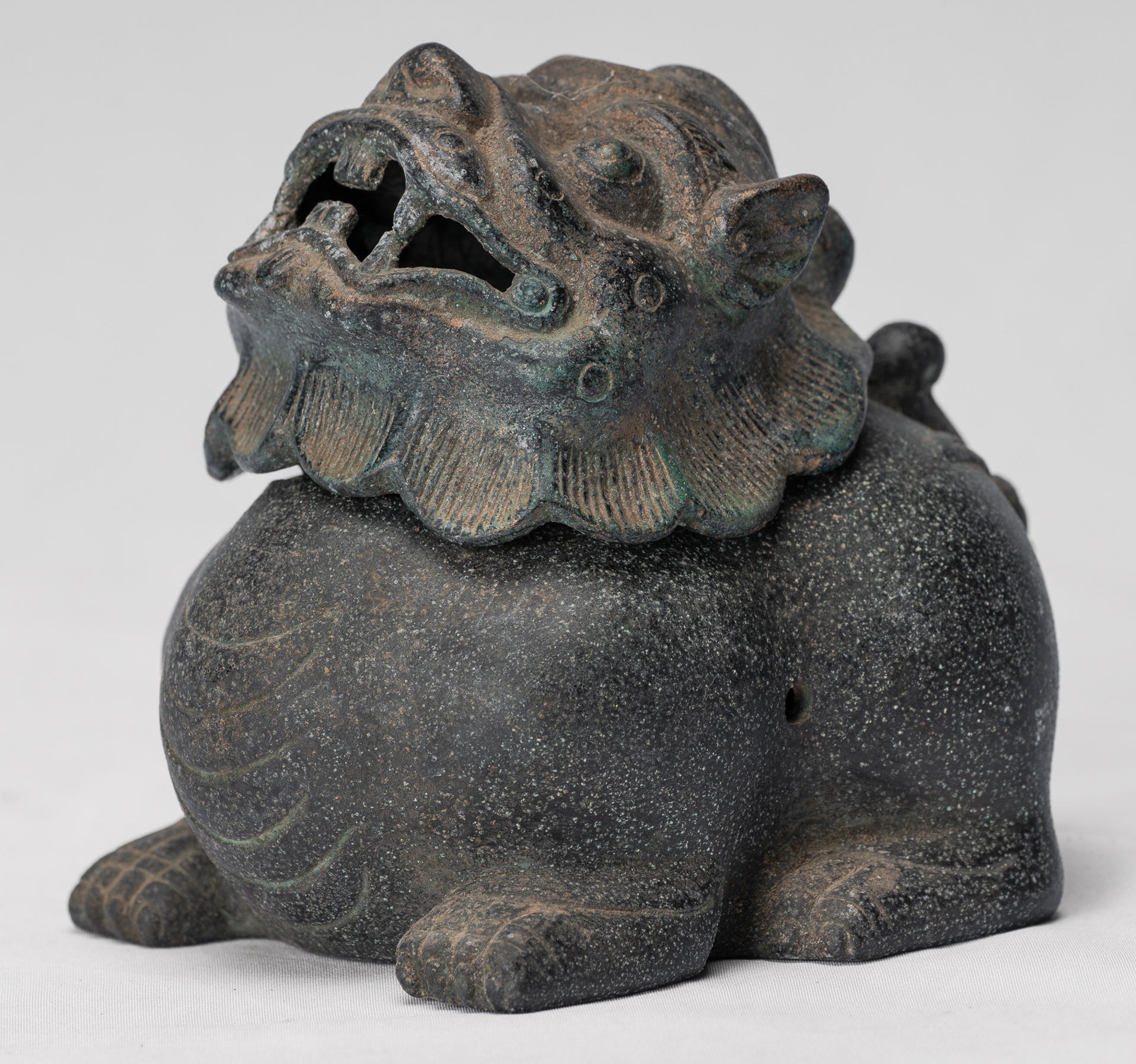 Antique Chinese Style Bronze Two Piece Dragon Censer or Incense Burner and Incense Stick Holder - 12cm/5" Tall