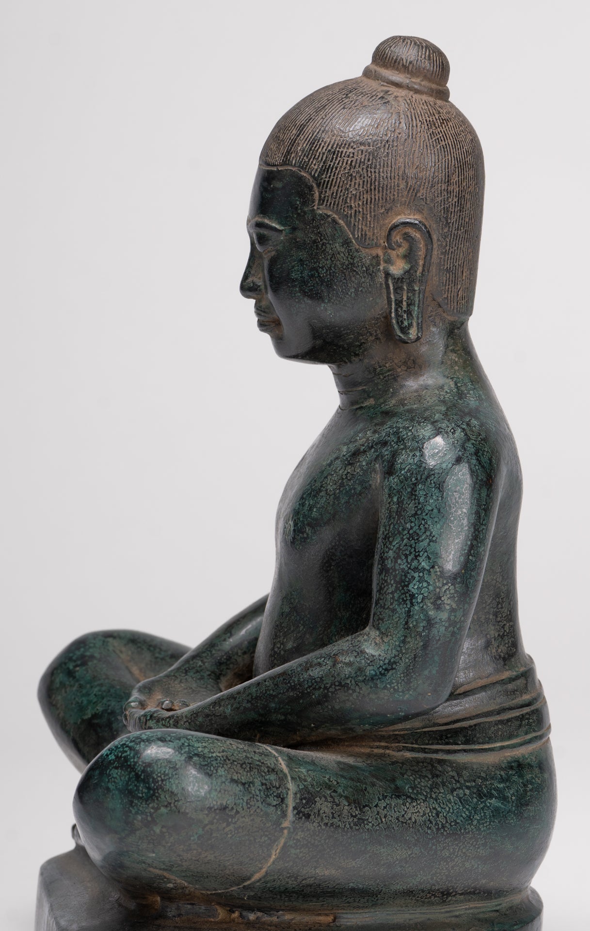 Antique Khmer Style Seated Bronze Meditation Jayavarman VII Statue - 26cm/10"