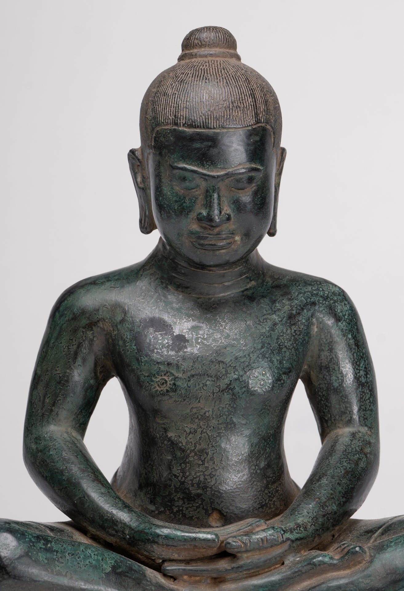 Antique Khmer Style Seated Bronze Meditation Jayavarman VII Statue - 26cm/10"