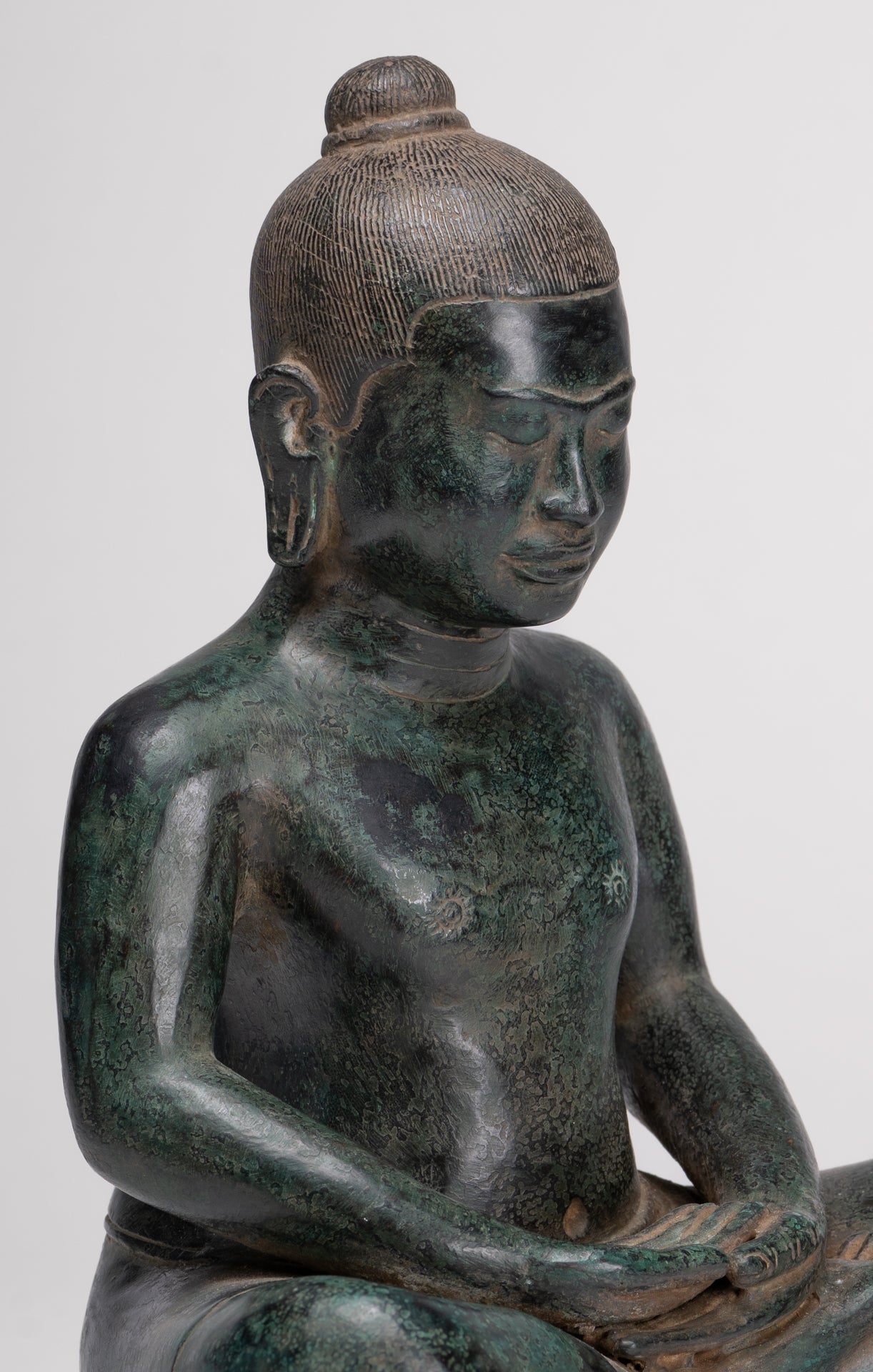 Antique Khmer Style Seated Bronze Meditation Jayavarman VII Statue - 26cm/10"