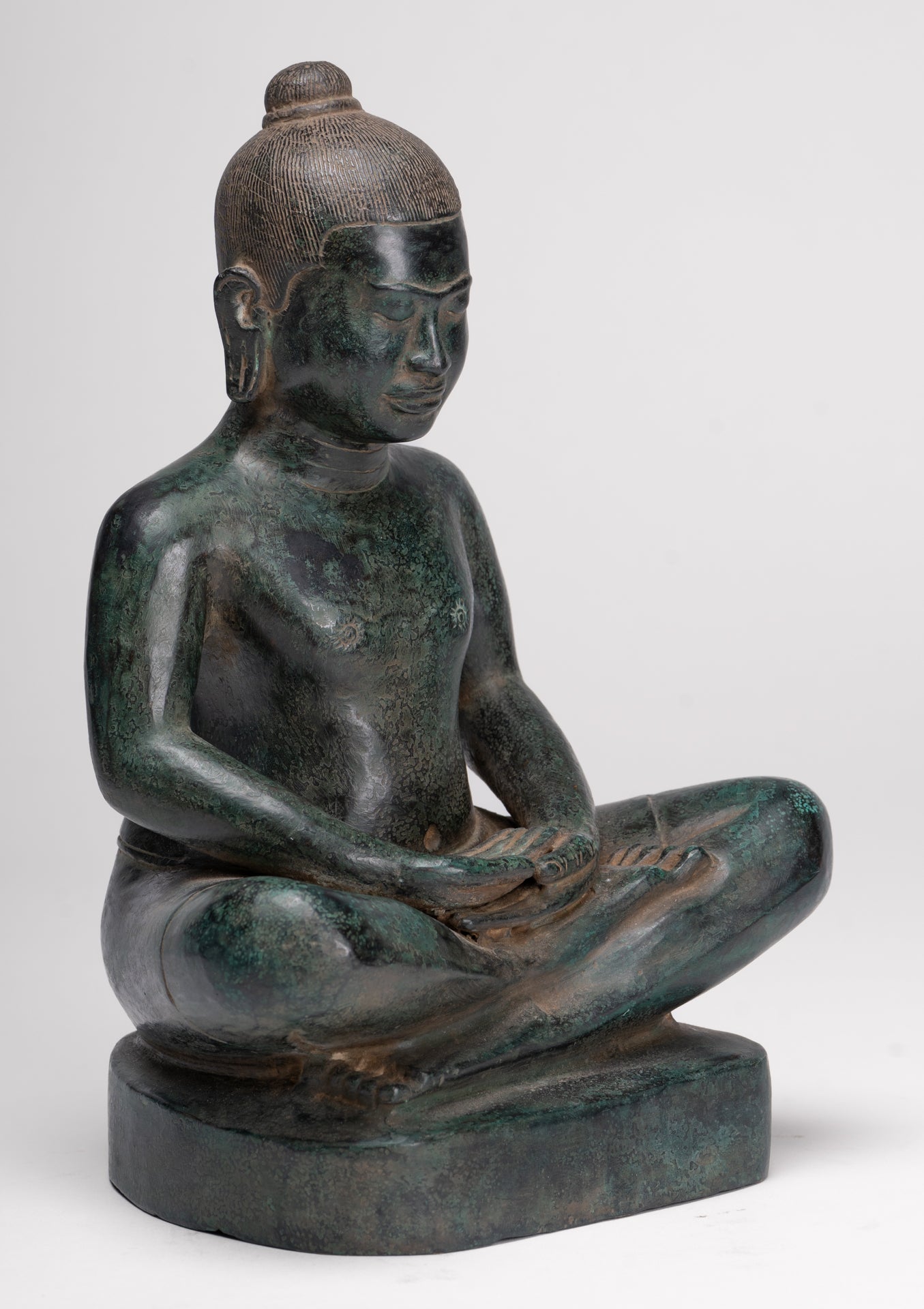 Antique Khmer Style Seated Bronze Meditation Jayavarman VII Statue - 26cm/10"