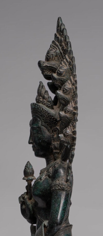 Naga Statue - Antique Khmer Style Bronze Protective 'Queen Soma' Mother of Naga, Snake or Serpent Statue - 76cm/30"