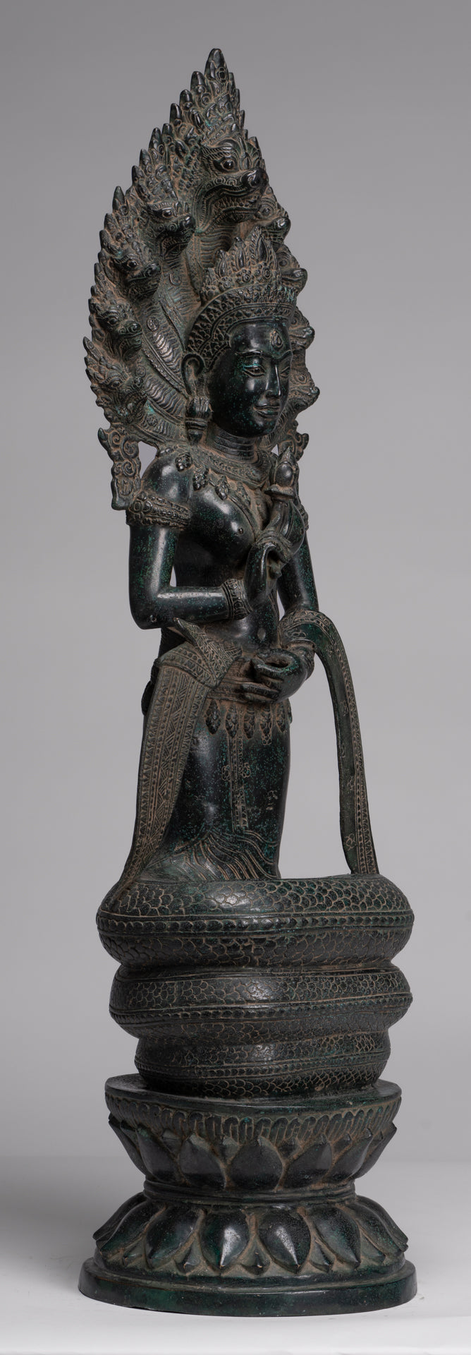 Naga Statue - Antique Khmer Style Bronze Protective 'Queen Soma' Mother of Naga, Snake or Serpent Statue - 76cm/30"