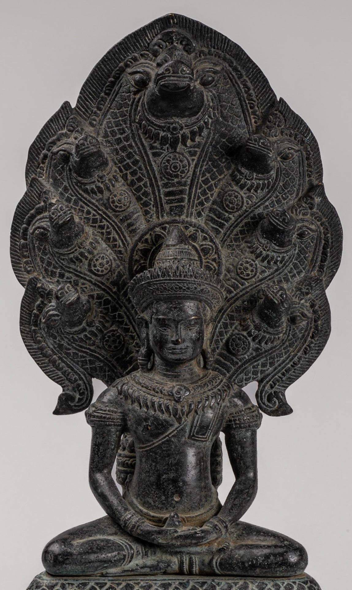 Buddha Statue - Antique Khmer Style Bronze Seated Meditation Naga Buddha Statue - 45cm/18"