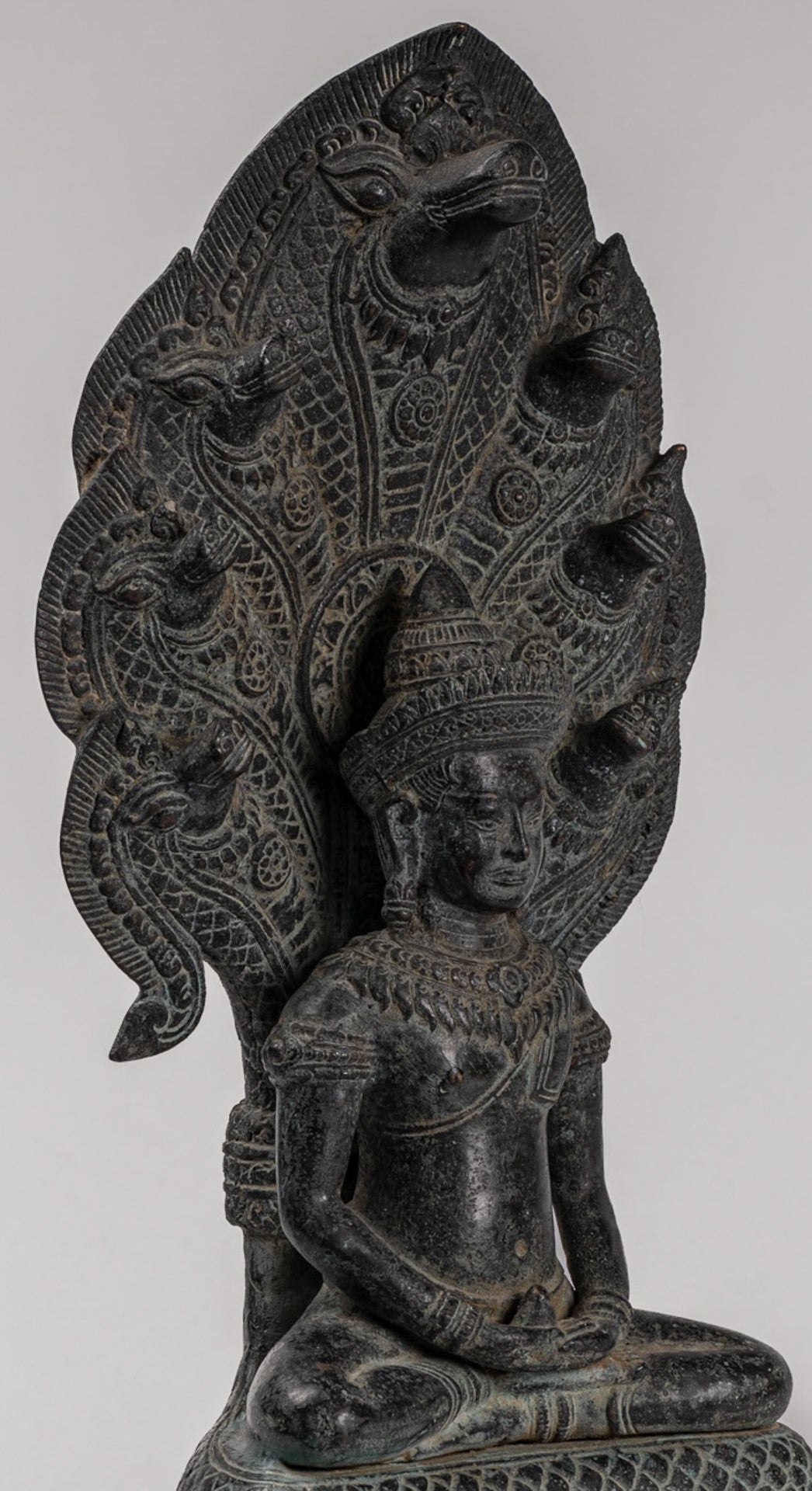 Buddha Statue - Antique Khmer Style Bronze Seated Meditation Naga Buddha Statue - 45cm/18"