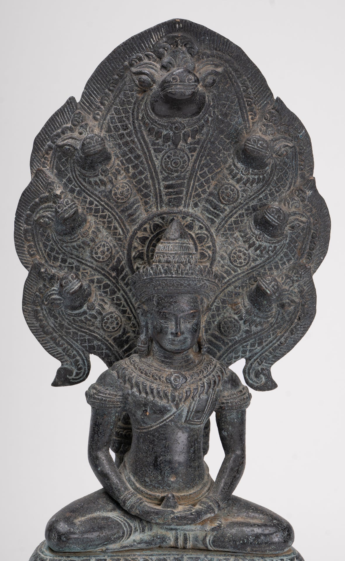 Buddha Statue - Antique Khmer Style Bronze Seated Meditation Naga Buddha Statue - 45cm/18"