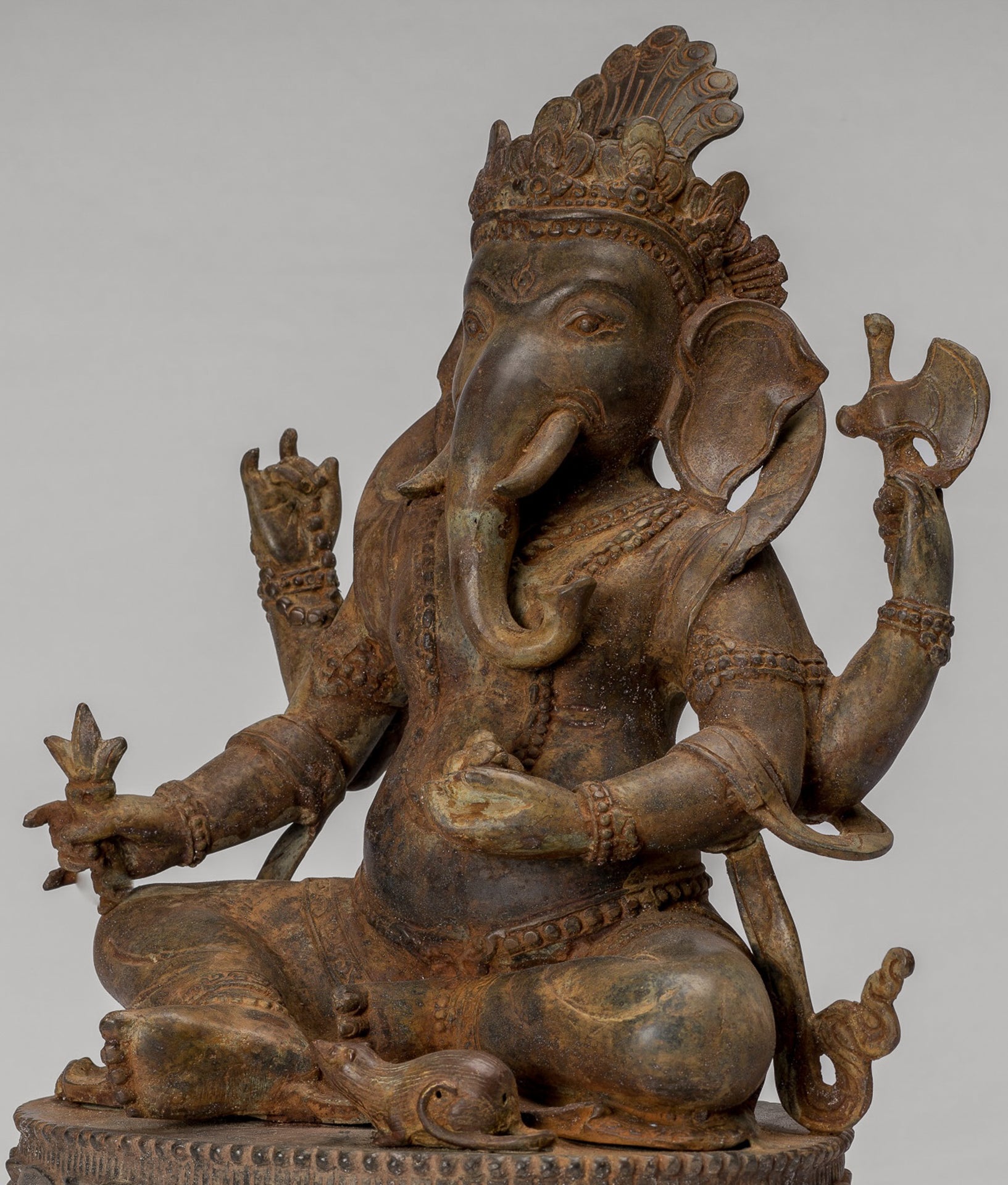 Ganesha Statue - Antique Javanese Style Bronze Seated Majapahit Ganesha Statue - 36cm/14"