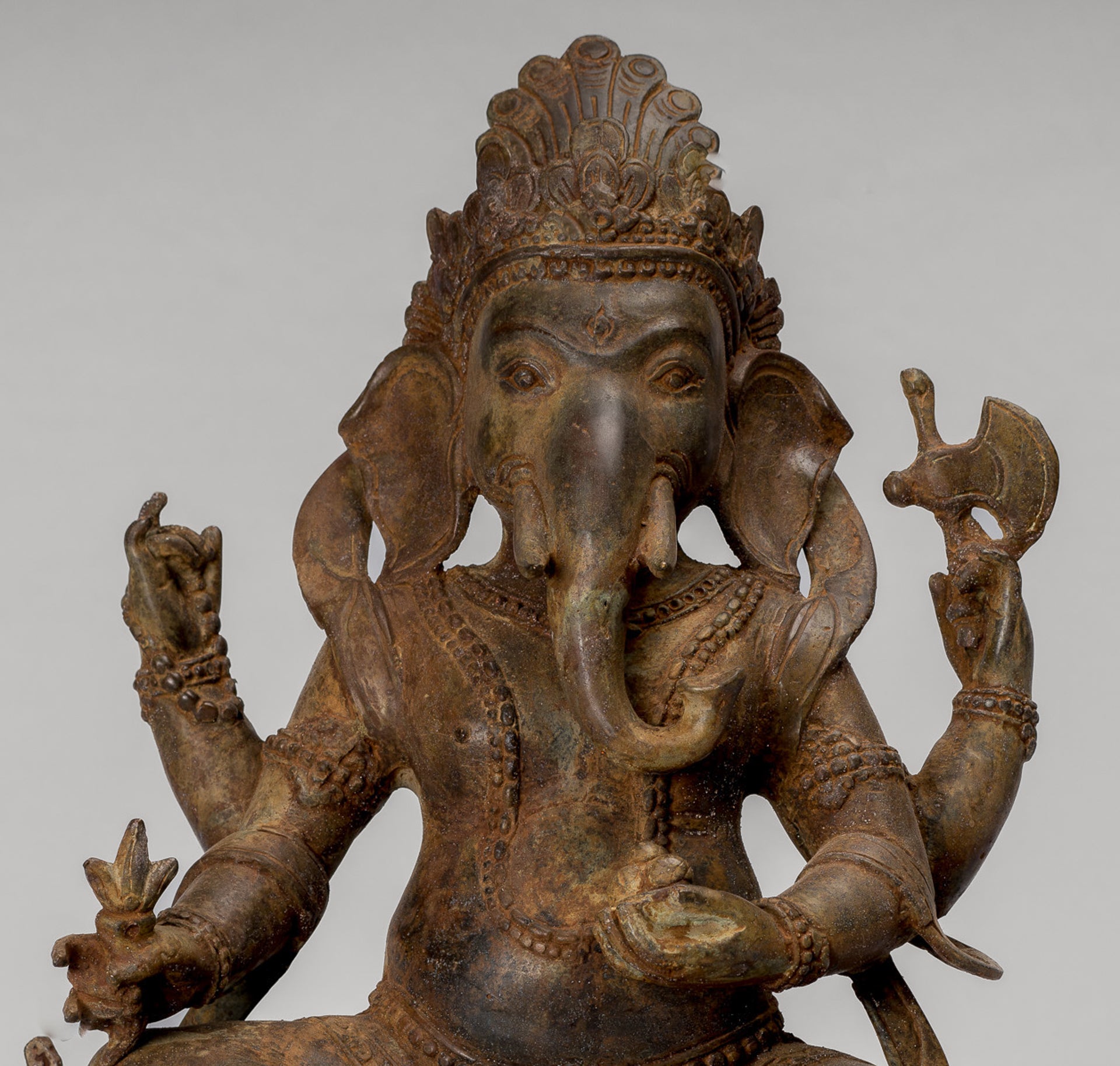 Ganesha Statue - Antique Javanese Style Bronze Seated Majapahit Ganesha Statue - 36cm/14"