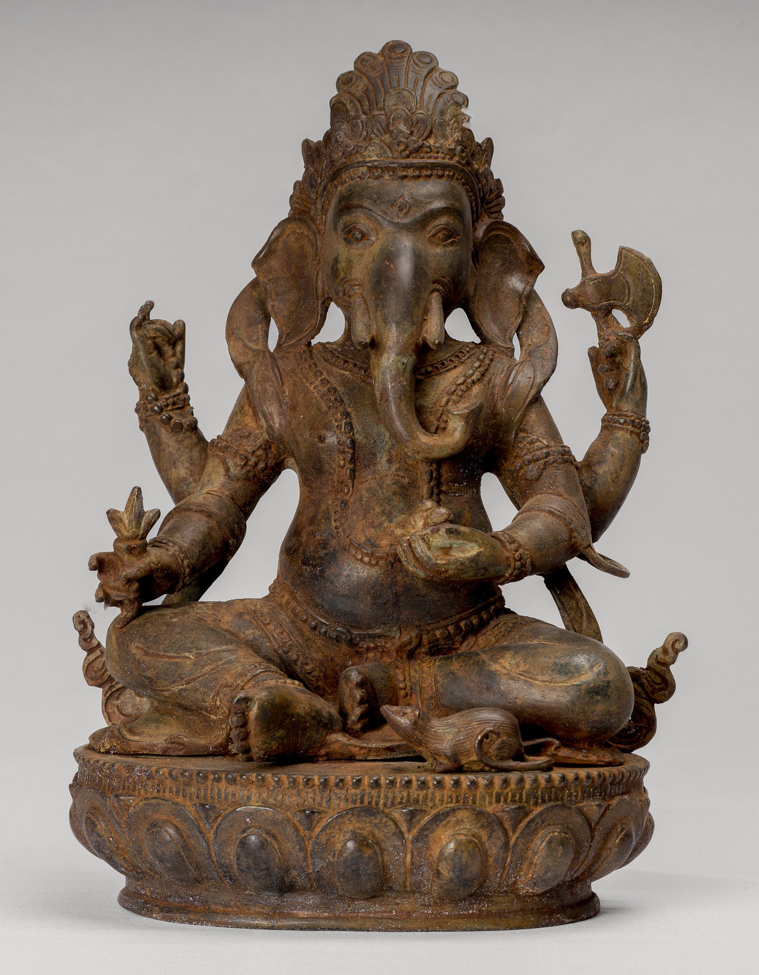 Ganesha Statue - Antique Javanese Style Bronze Seated Majapahit Ganesha Statue - 36cm/14"