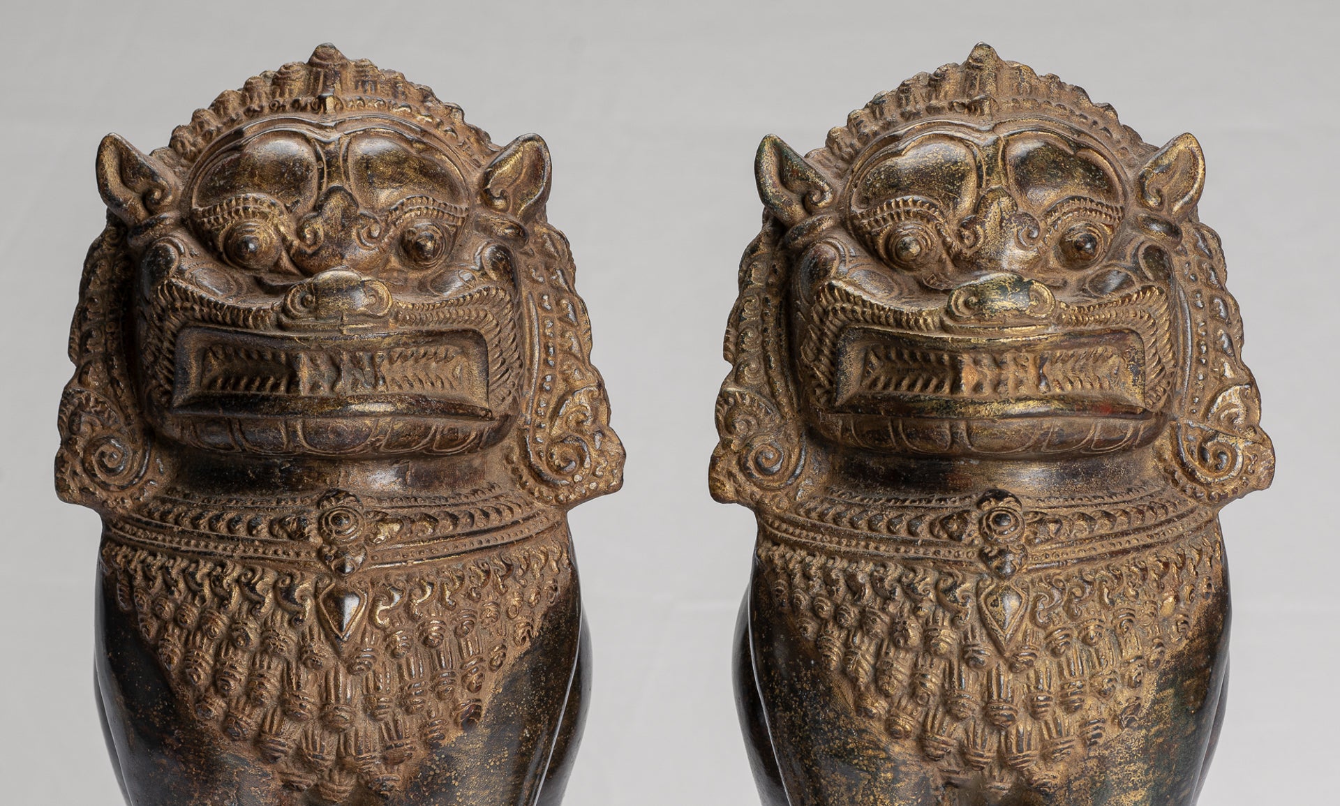 Temple Lion - Antique Khmer Style Bronze Standing Temple Guardian or Lion - 31cm/12" (Pair)