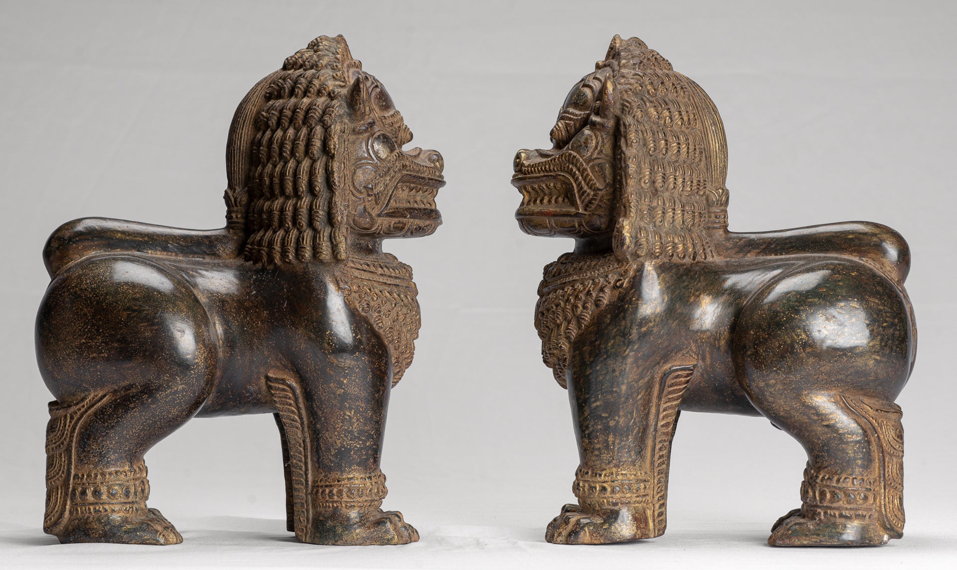 Temple Lion - Antique Khmer Style Bronze Standing Temple Guardian or Lion - 31cm/12" (Pair)