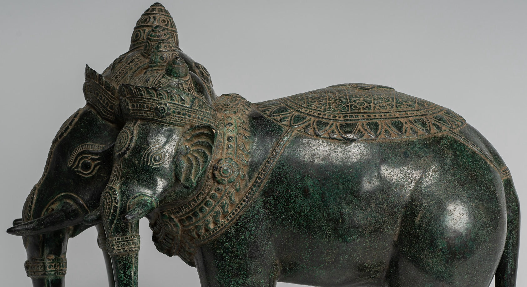 Antique Khmer Style Bronze Erawan Airavata or Elephant Statue - 44cm/18" Tall