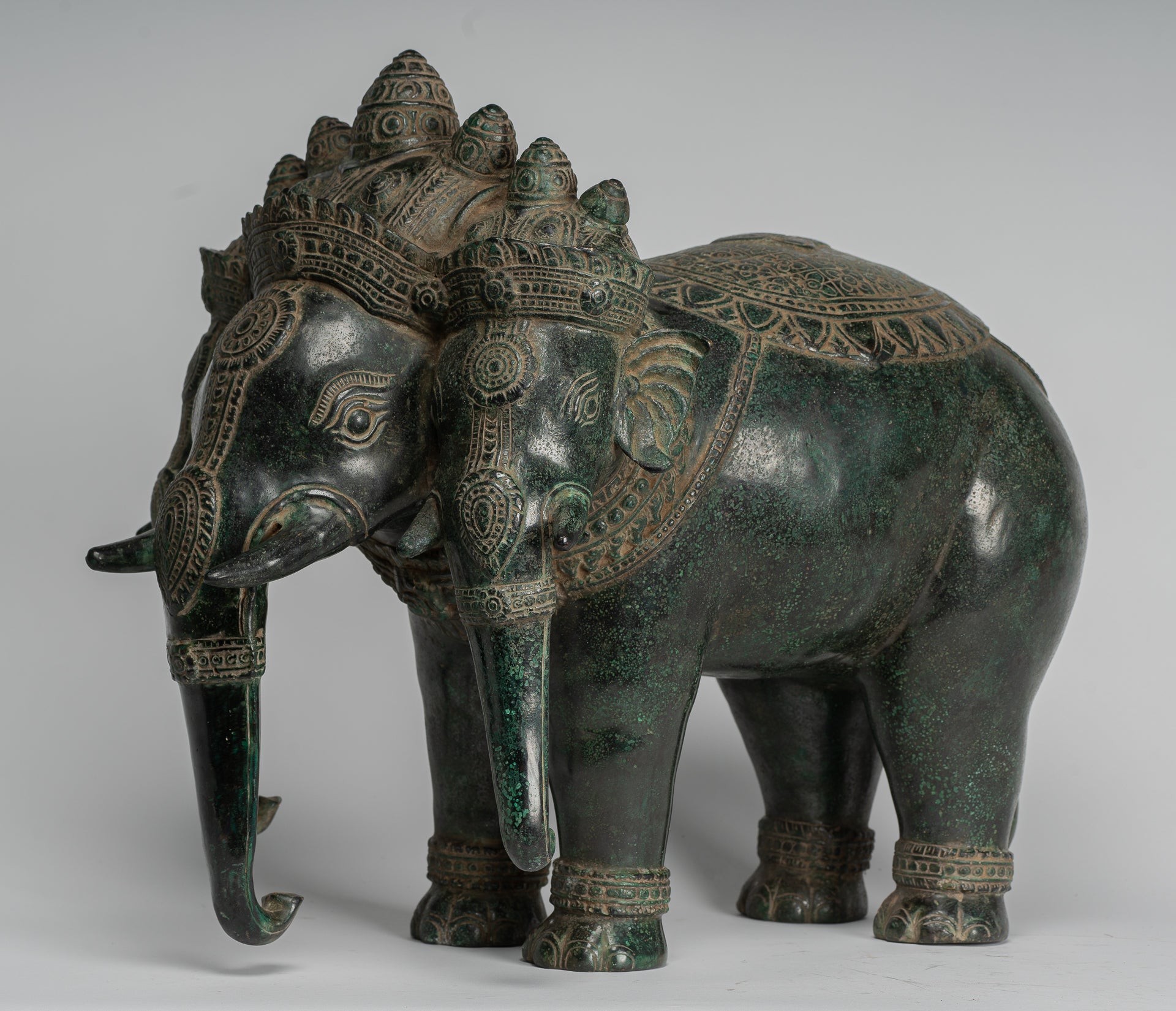 Antique Khmer Style Bronze Erawan Airavata or Elephant Statue - 44cm/18" Tall