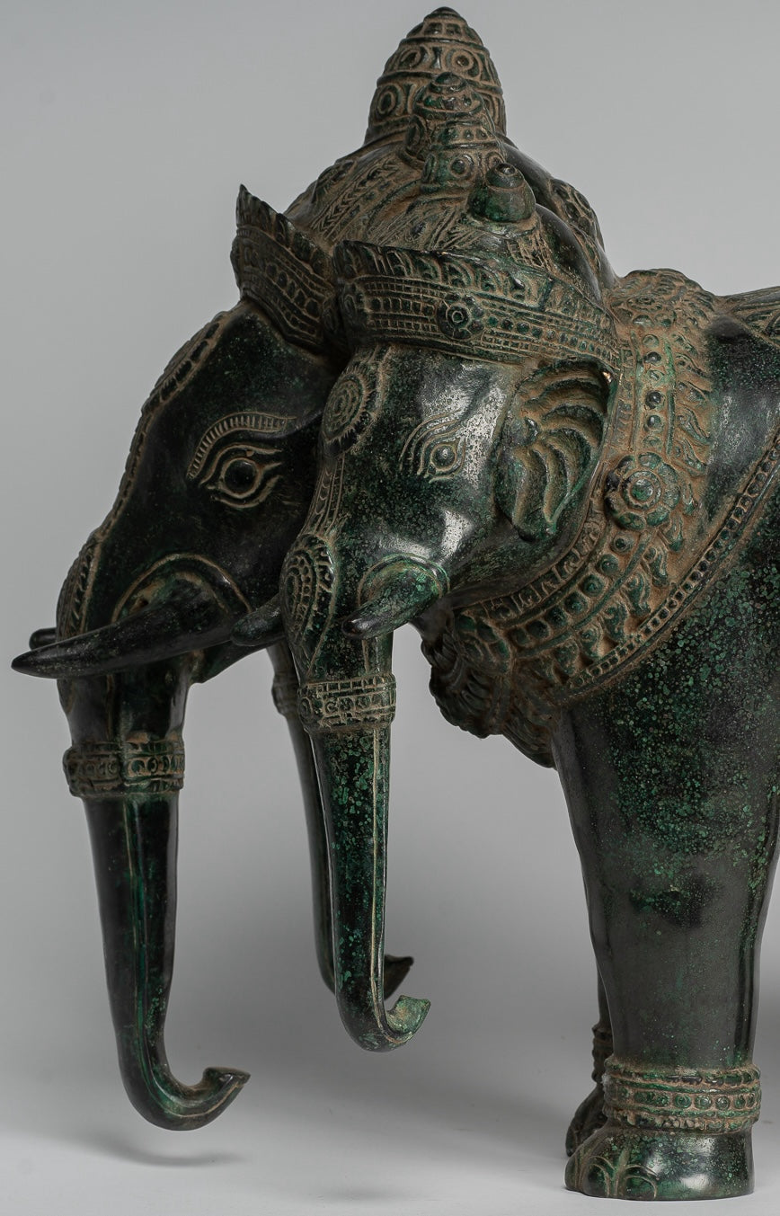 Antique Khmer Style Bronze Erawan Airavata or Elephant Statue - 44cm/18" Tall