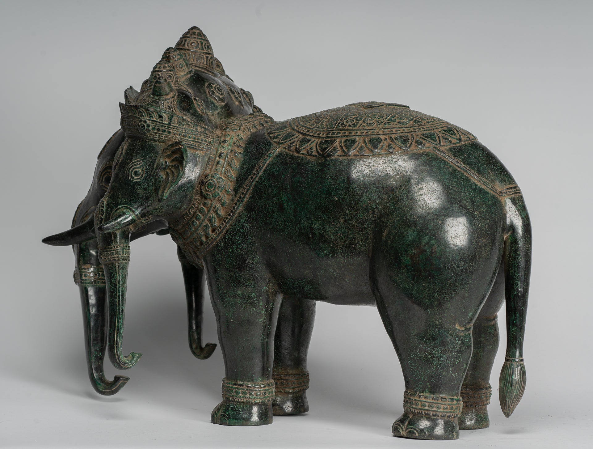 Antique Khmer Style Bronze Erawan Airavata or Elephant Statue - 44cm/18" Tall