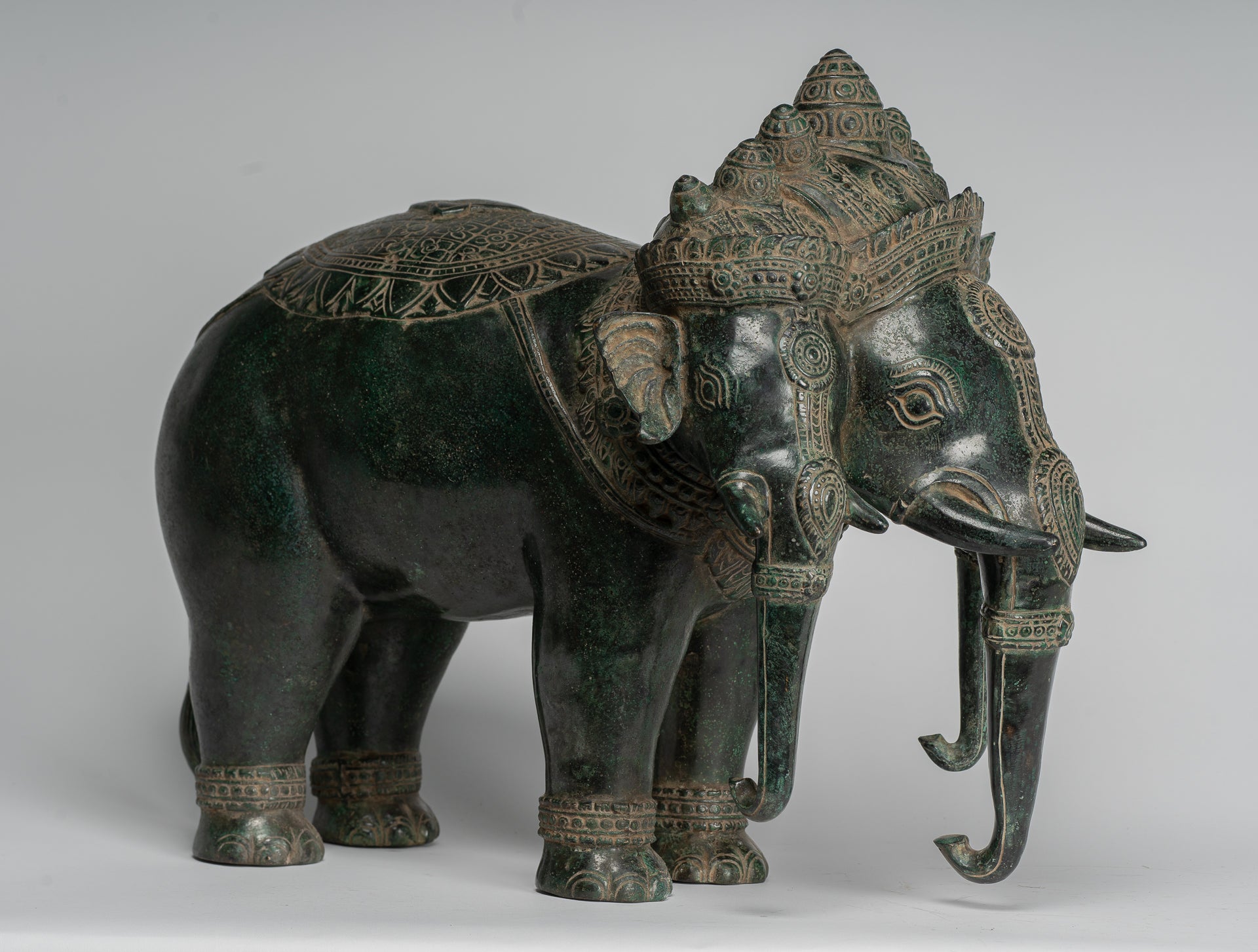 Antique Khmer Style Bronze Erawan Airavata or Elephant Statue - 44cm/18" Tall