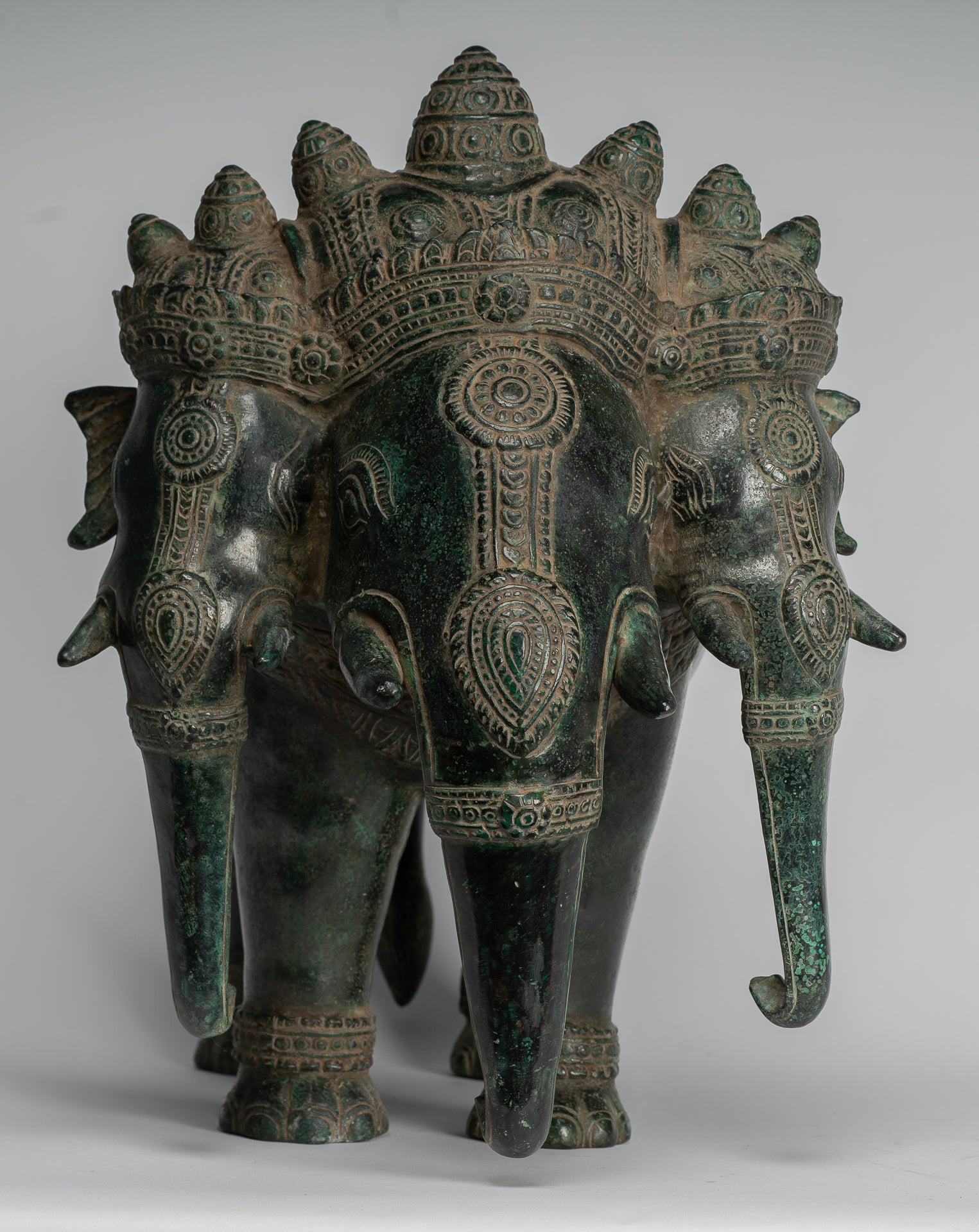 Antique Khmer Style Bronze Erawan Airavata or Elephant Statue - 44cm/18" Tall