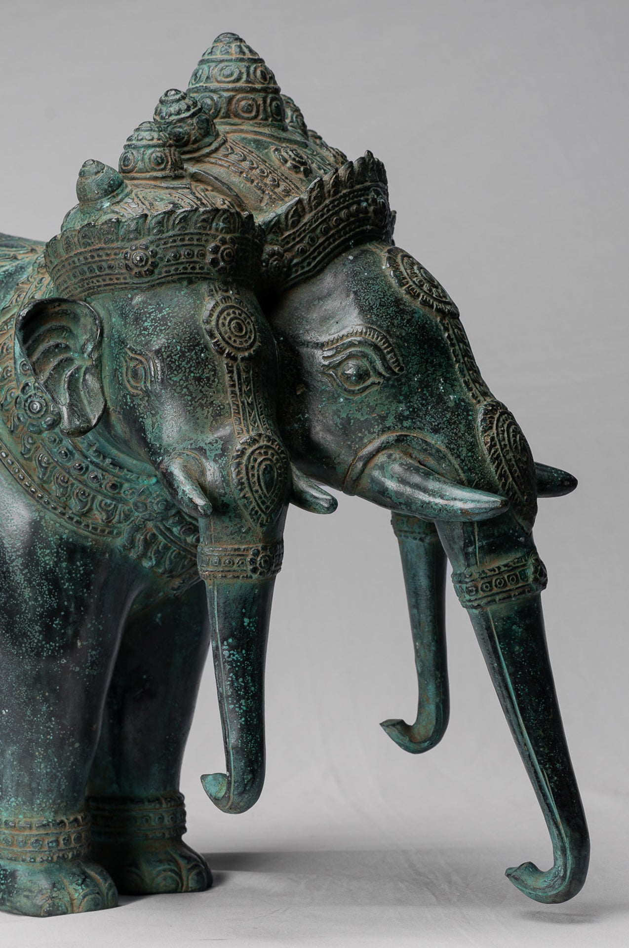 Antique Khmer Style Bronze Erawan Airavata or Elephant Statue - 44cm/18" Tall