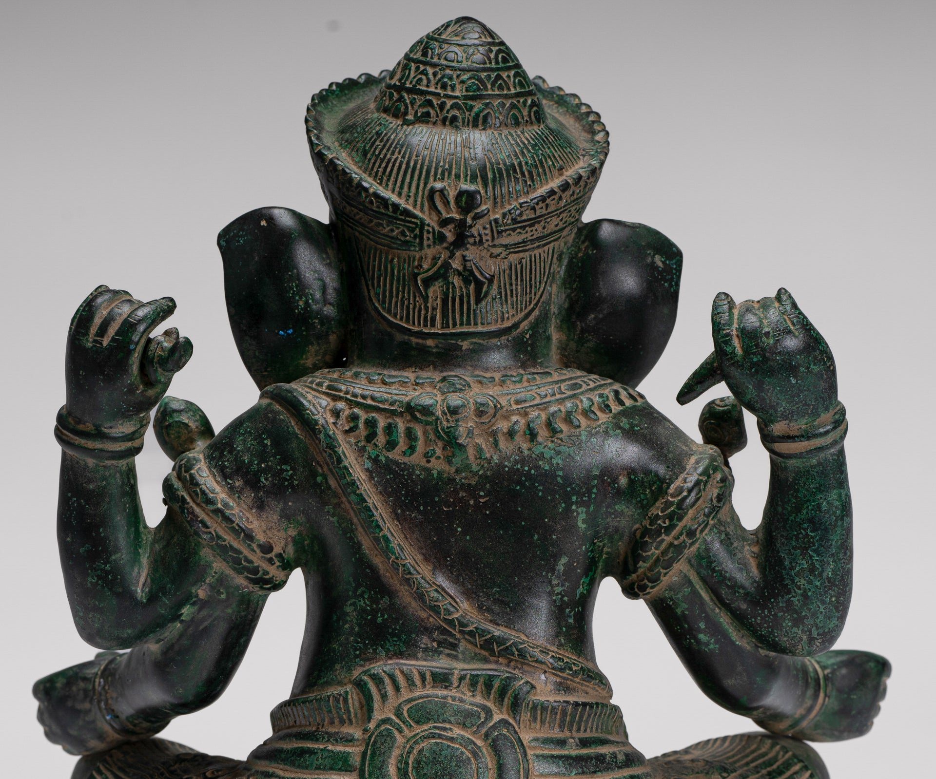 Ganesh Statue - Antique Khmer Style Seated Bronze Ganesha Statue - 29cm/12"