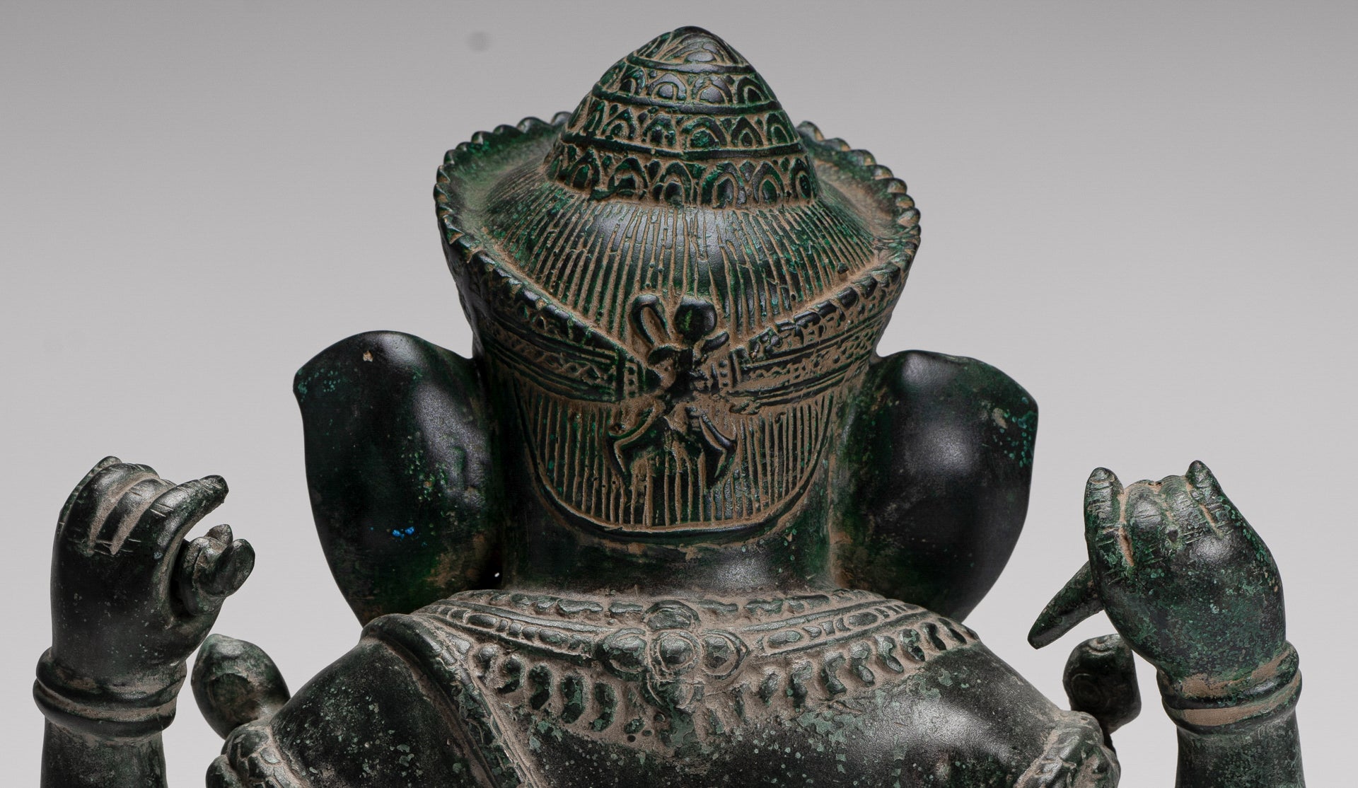 Ganesh Statue - Antique Khmer Style Seated Bronze Ganesha Statue - 29cm/12"