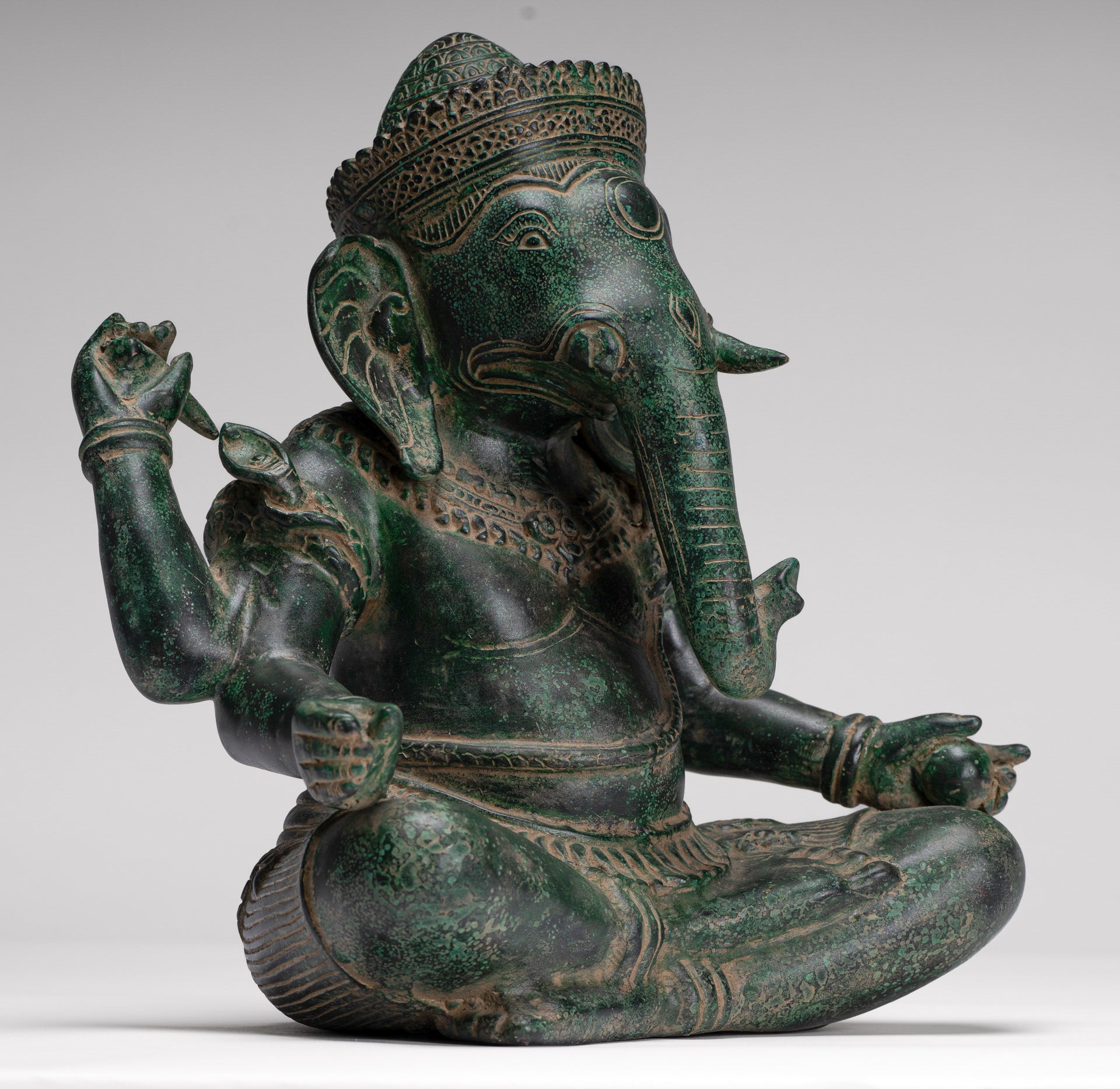Ganesh Statue - Antique Khmer Style Seated Bronze Ganesha Statue - 29cm/12"