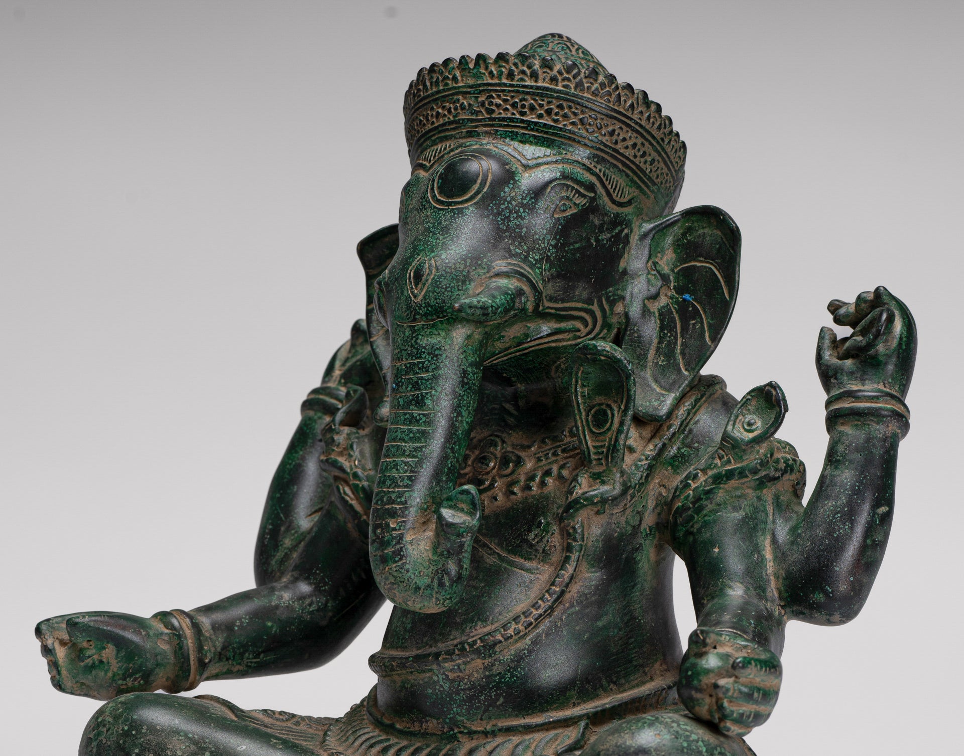 Ganesh Statue - Antique Khmer Style Seated Bronze Ganesha Statue - 29cm/12"