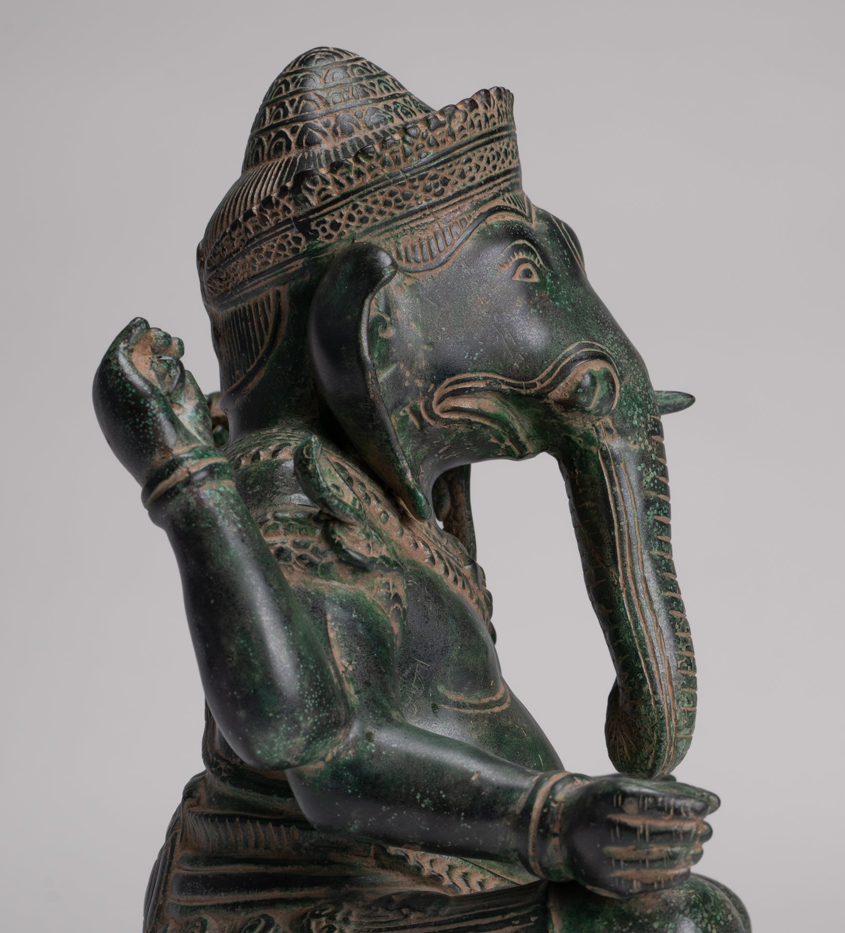 Ganesh Statue - Antique Khmer Style Seated Bronze Ganesha Statue - 29cm/12"