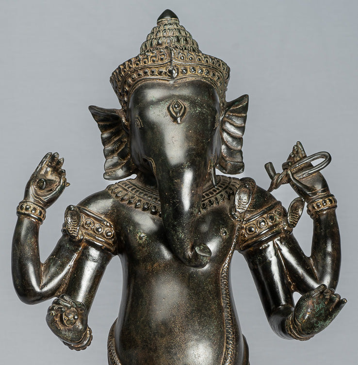 Estatua de Ganesha - Estatua de bronce de pie de estilo jemer antiguo Angkor Wat Ganesha y Yoni - 88 cm/35 "