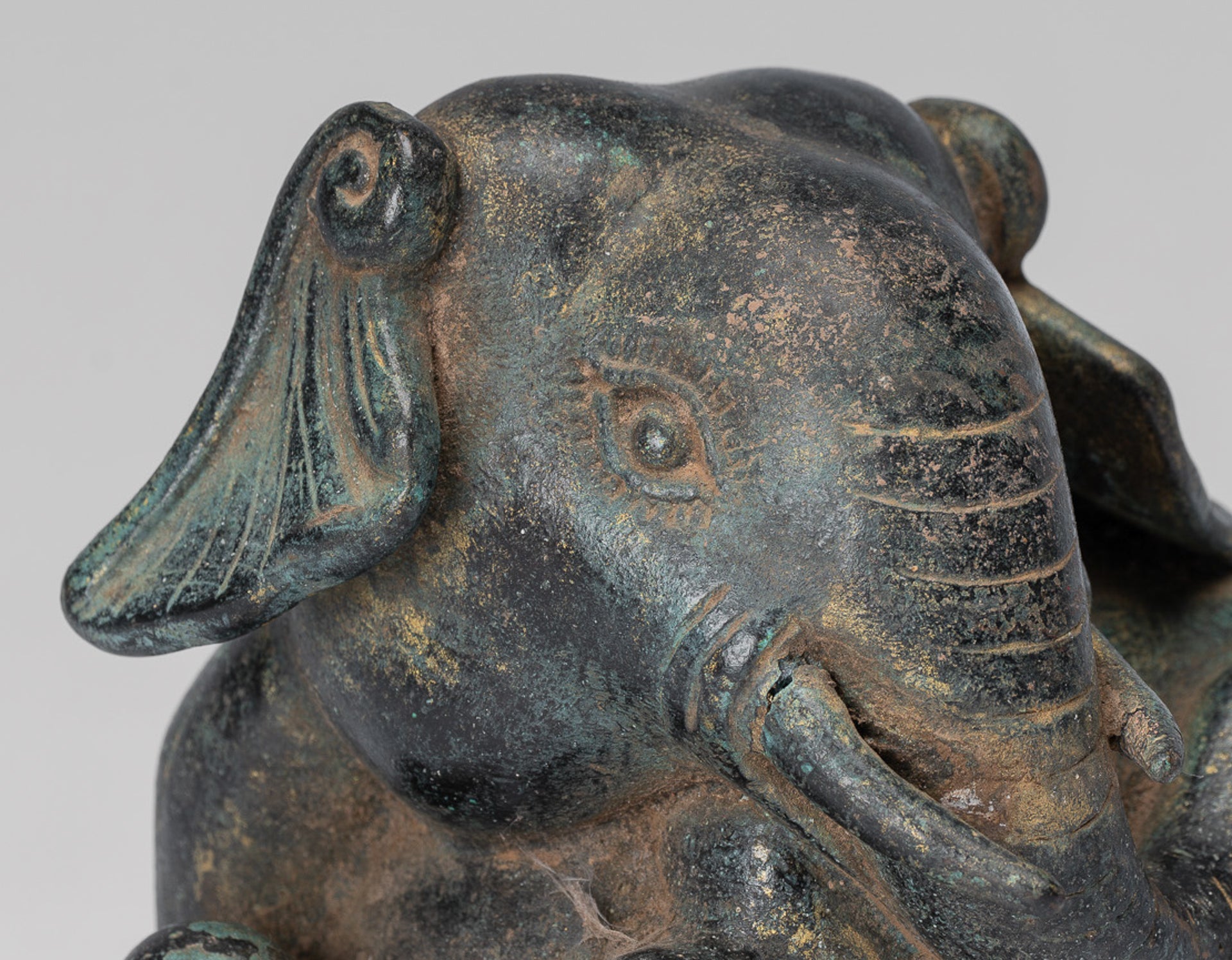 Antique Khmer Style Laying Down Bronze Elephant Statue - 12cm/5" Tall