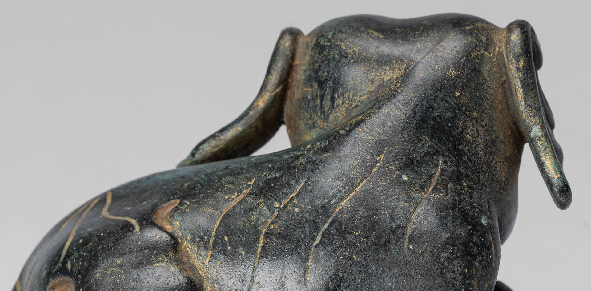 Antique Khmer Style Laying Down Bronze Elephant Statue - 12cm/5" Tall