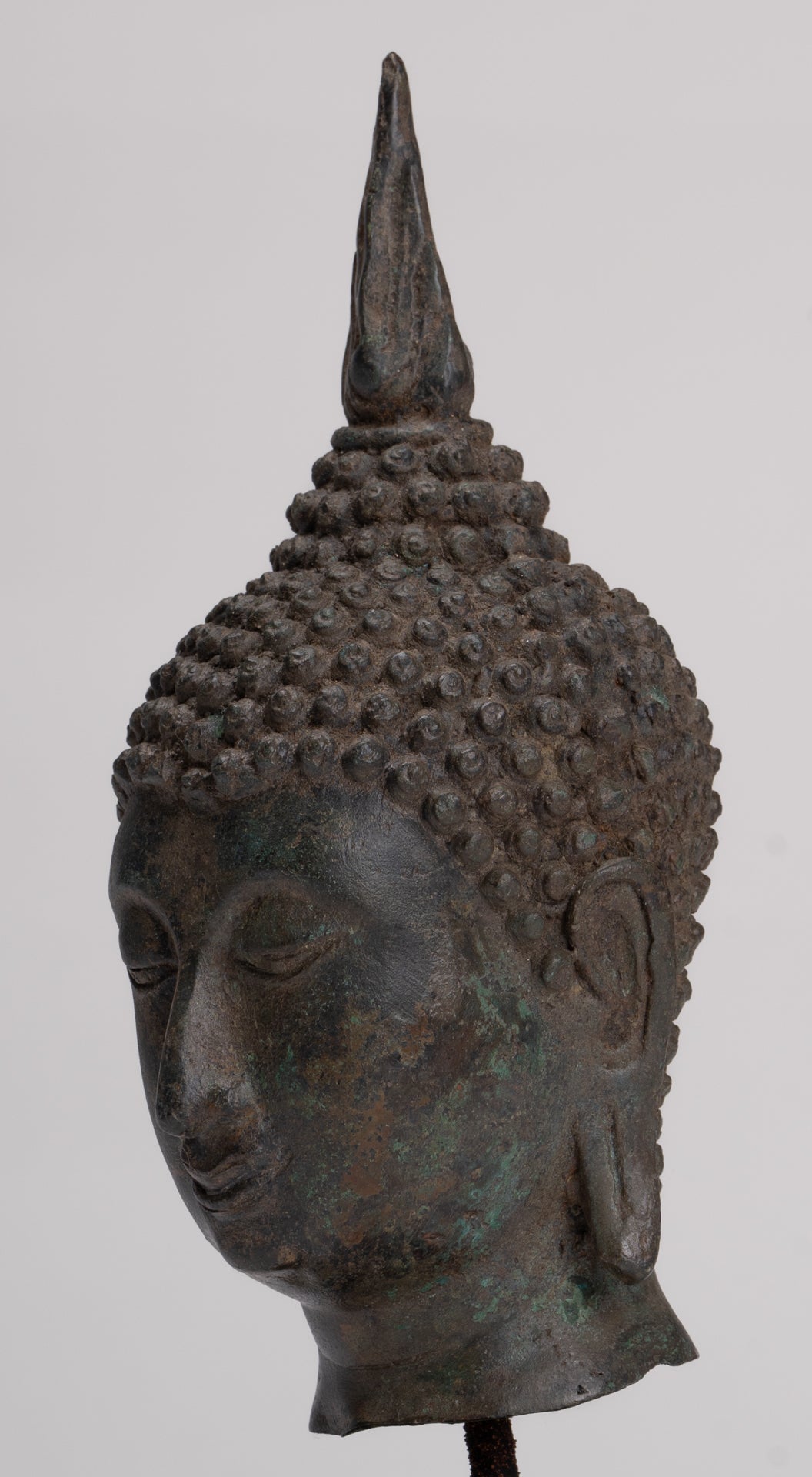 Buddha Head - Antique Thai Style Sukhothai Mounted Bronze Buddha Head - 22cm/9"