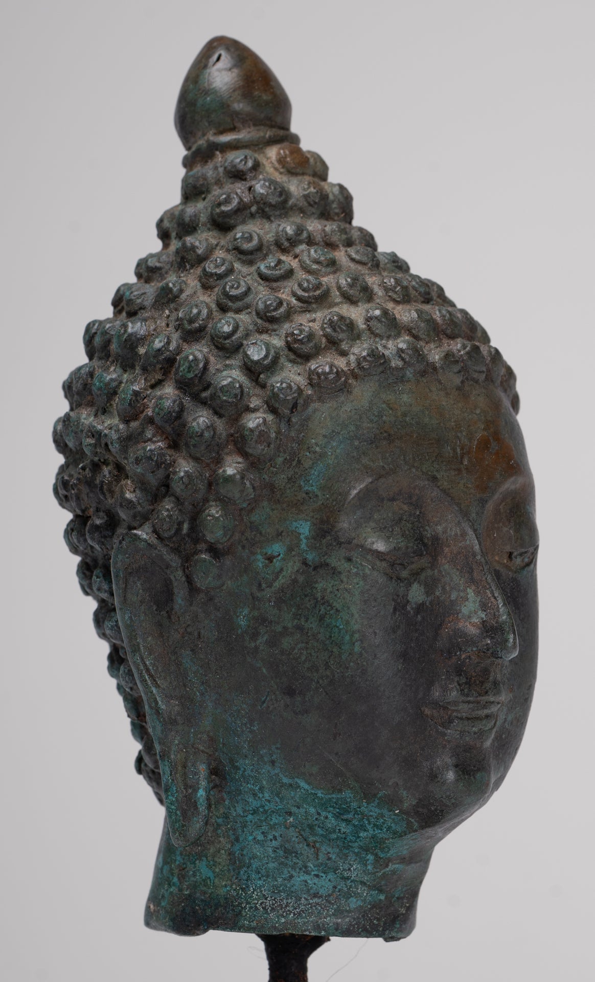 Buddha Head - Antique Thai Style Chiang Saen Mounted Bronze Buddha Head - 19cm/8"