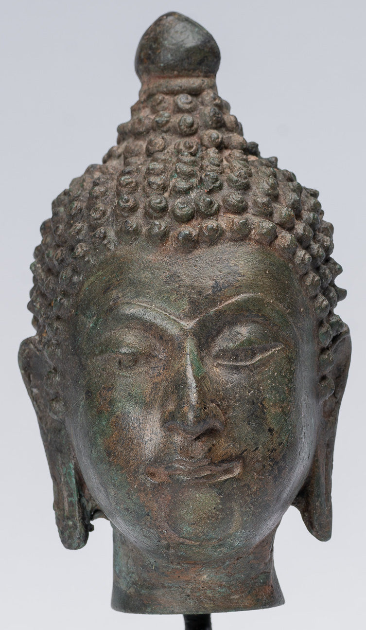 Buddha Head - Antique Thai Style Chiang Saen Mounted Bronze Buddha Head - 16cm/6"