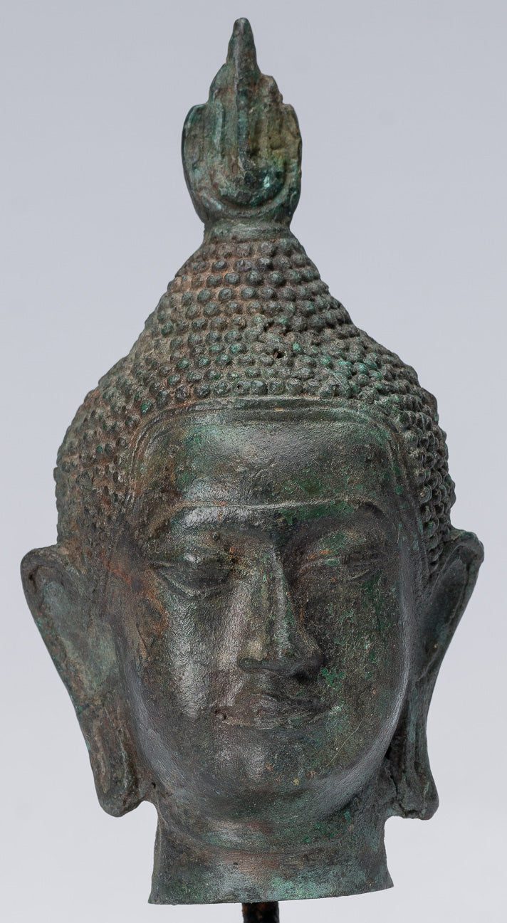 Buddha Head - Antique Thai Style Sukhothai Mounted Bronze Buddha Head - 17cm/7"