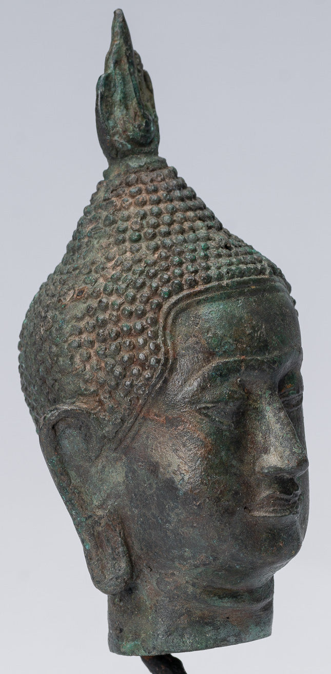 Buddha Head - Antique Thai Style Sukhothai Mounted Bronze Buddha Head - 17cm/7"