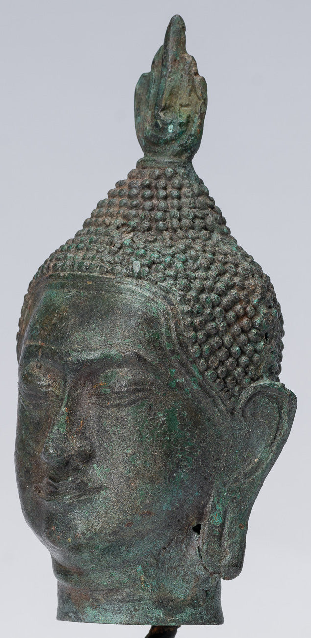 Buddha Head - Antique Thai Style Sukhothai Mounted Bronze Buddha Head - 17cm/7"