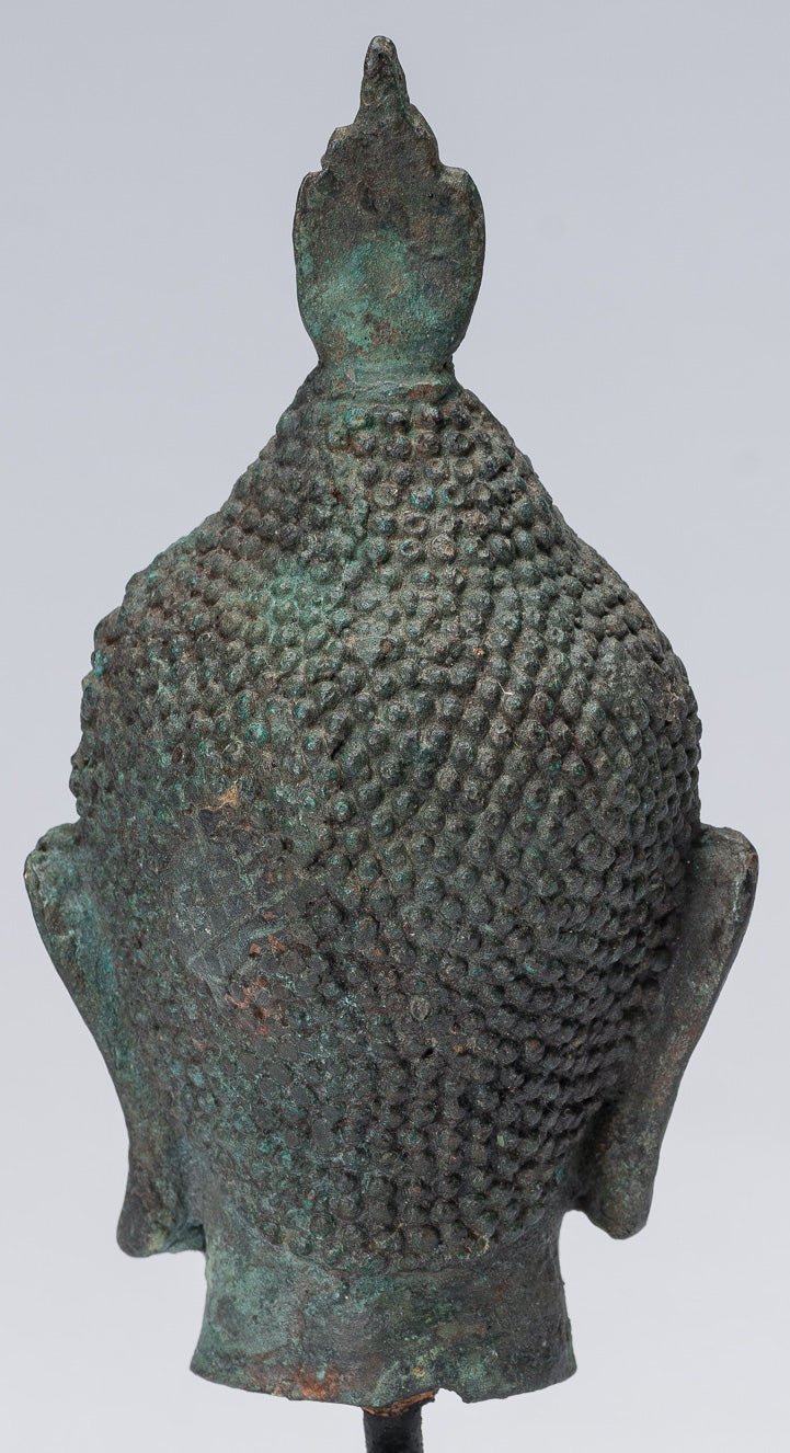 Buddha Head - Antique Thai Style Sukhothai Mounted Bronze Buddha Head - 17cm/7"