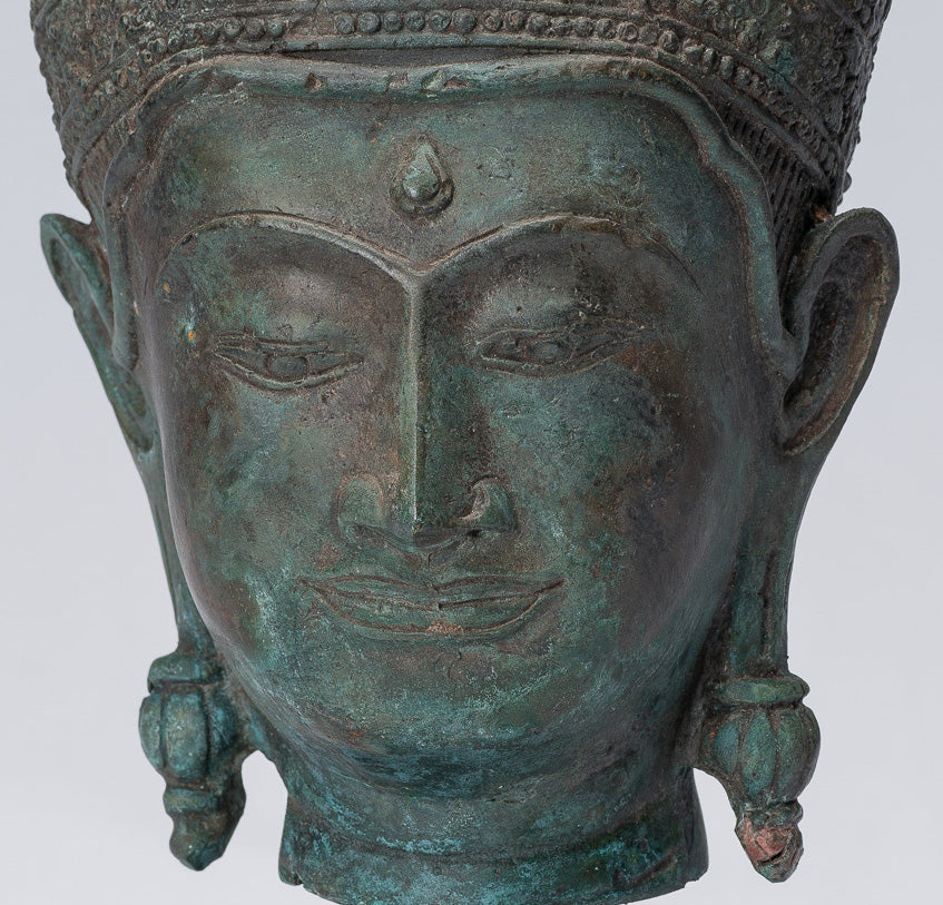 Testa di Buddha - Antique Thai Thai Style Lopburi Bronzo Montaggio Buddha Head - 25 cm/10 "
