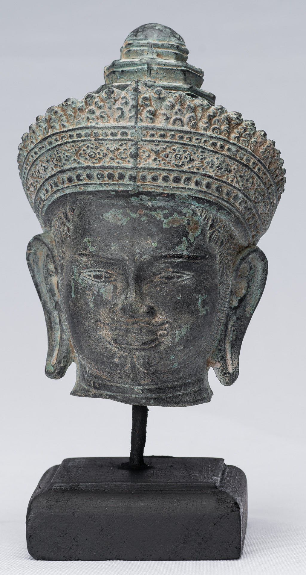 Statue Vishnu - Antique Banteay SREI STILE BRONZE KHMER Vishnu Head - 24 cm / 10 "