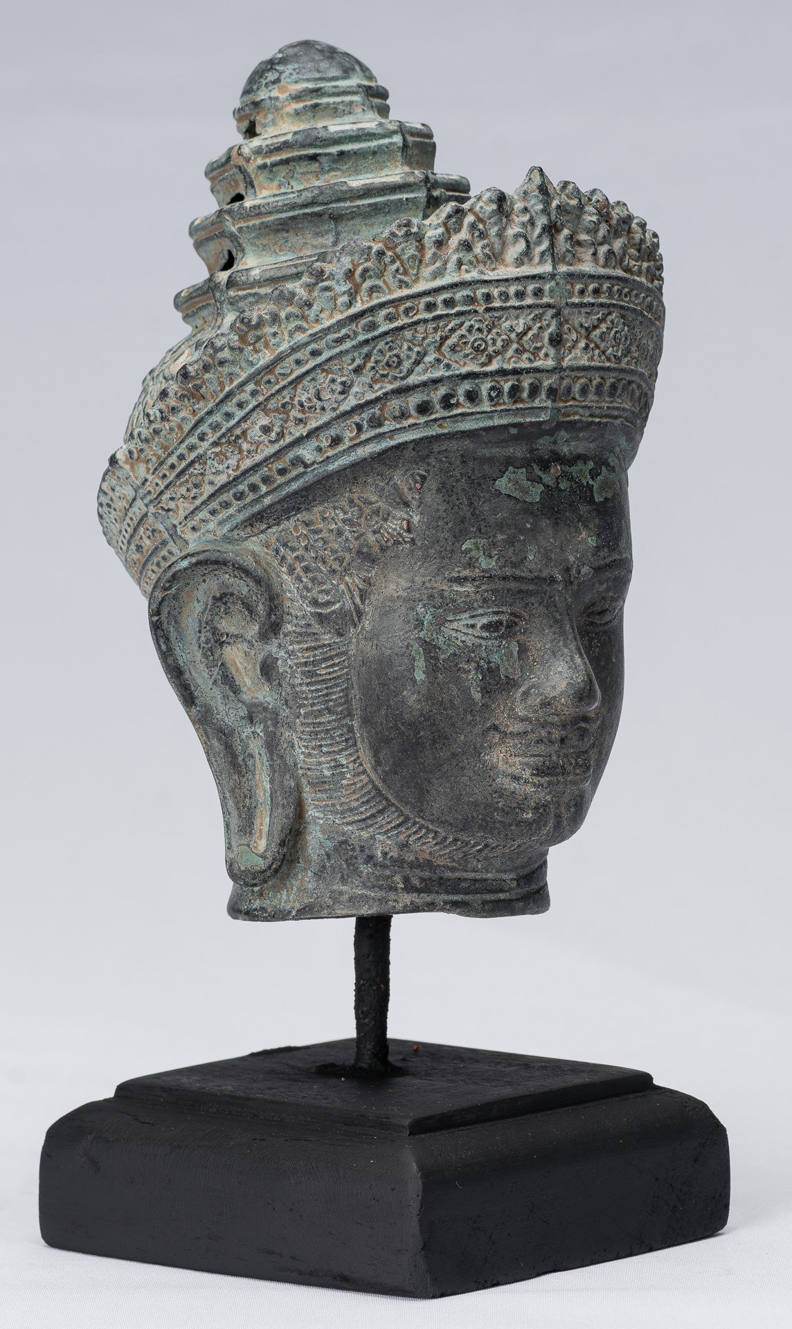 Statue Vishnu - Antique Banteay SREI STILE BRONZE KHMER Vishnu Head - 24 cm / 10 "