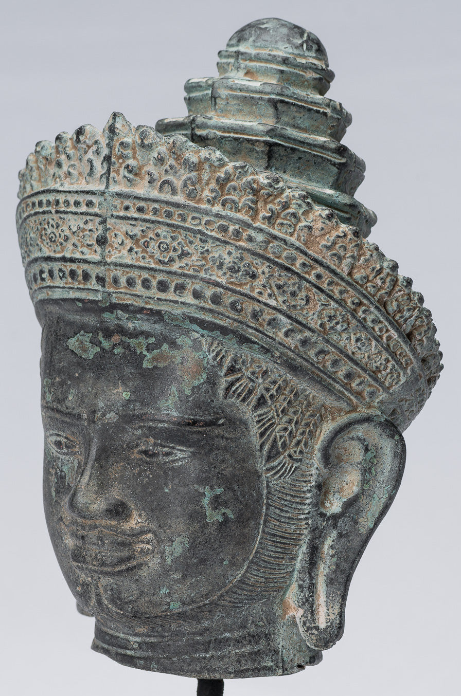 Statue Vishnu - Antique Banteay SREI STILE BRONZE KHMER Vishnu Head - 24 cm / 10 "
