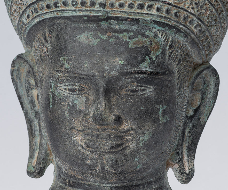 Statue Vishnu - Antique Banteay SREI STILE BRONZE KHMER Vishnu Head - 24 cm / 10 "