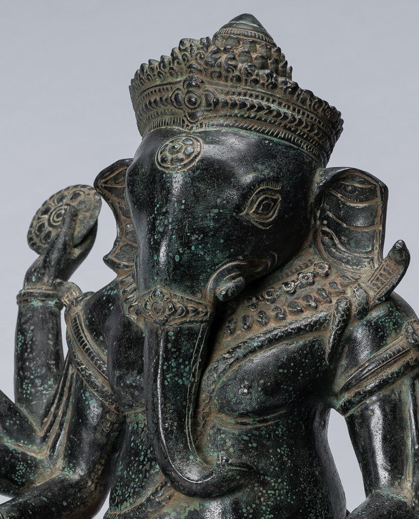 Statue Ganesha - Bronzo di bayon in stile khmer antico seduto a otto braccio ganesh statua - 38 cm/15 "