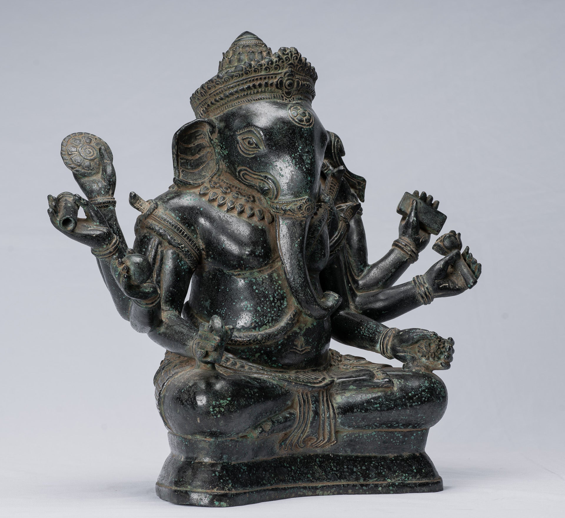 Statue Ganesha - Bronzo di bayon in stile khmer antico seduto a otto braccio ganesh statua - 38 cm/15 "