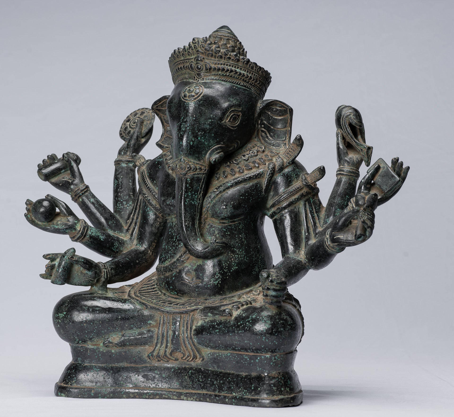 Statue Ganesha - Bronzo di bayon in stile khmer antico seduto a otto braccio ganesh statua - 38 cm/15 "
